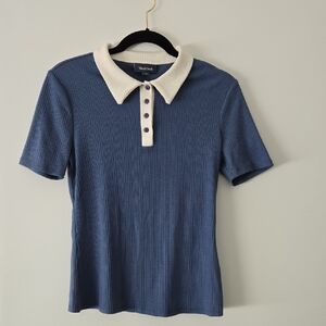 Modcloth Blue and Cream Ribbed Polo Top